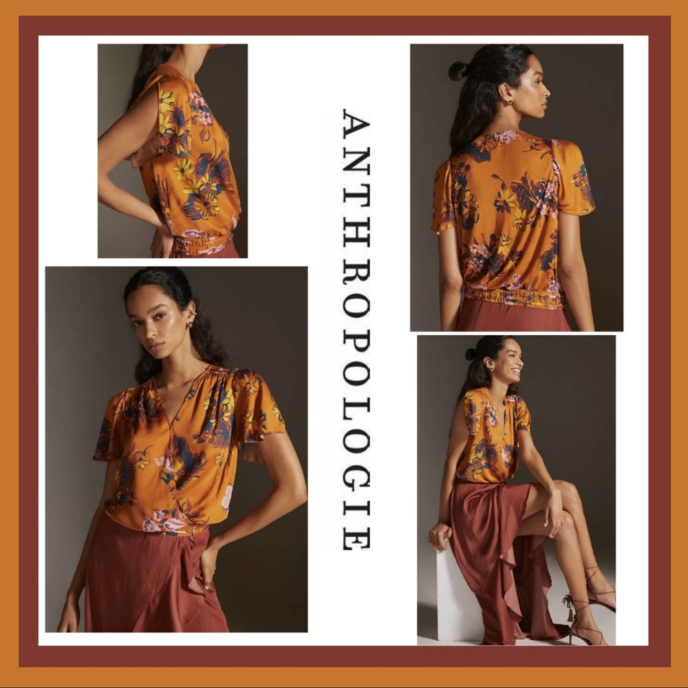 Anthropologie Tiny Venus Cedar Floral Surplice Blouse with Flutter Sleeves Sz XS